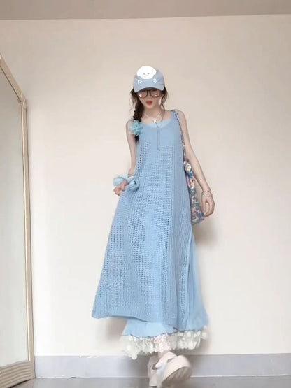 Spaghetti  Strap Lace Trim Midi A-Line Dress / Plaid Jumper Dress / Set