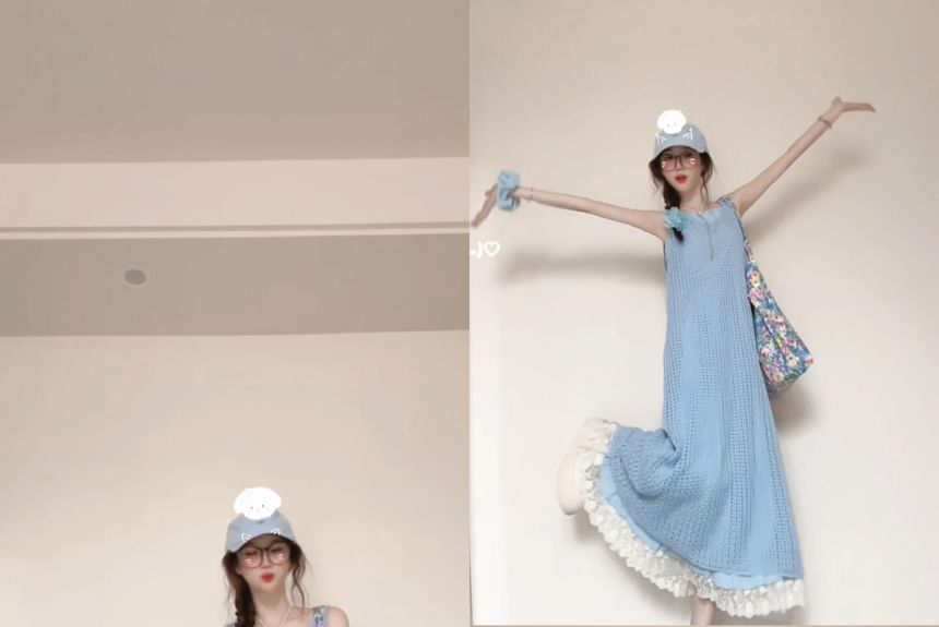 Spaghetti  Strap Lace Trim Midi A-Line Dress / Plaid Jumper Dress / Set