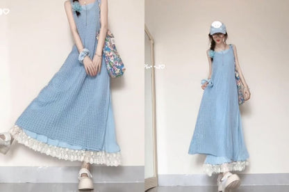 Spaghetti  Strap Lace Trim Midi A-Line Dress / Plaid Jumper Dress / Set