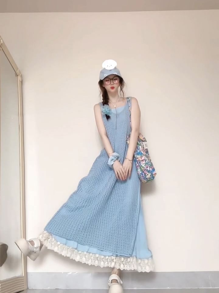 Spaghetti  Strap Lace Trim Midi A-Line Dress / Plaid Jumper Dress / Set