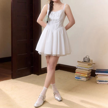 Spaghetti Strap Plain Bow Lace Trim Mini A-Line Dress