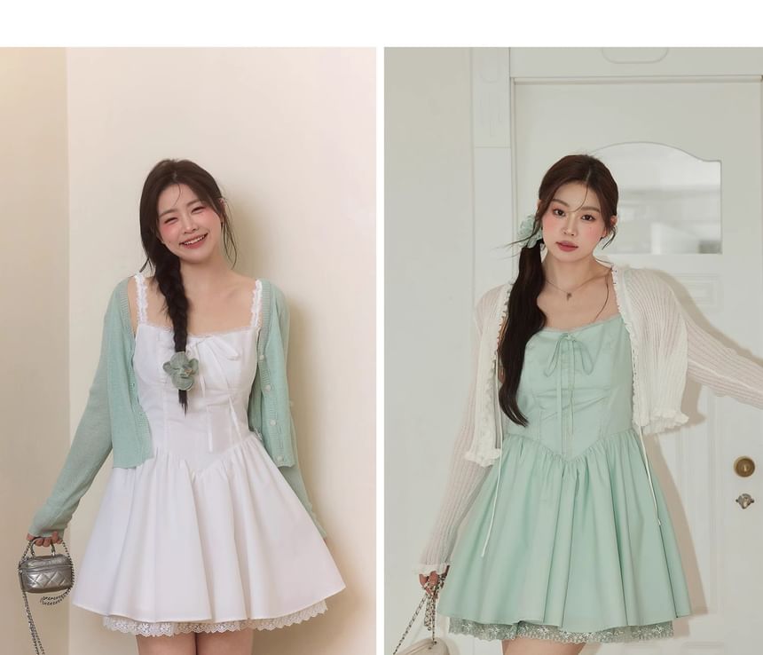 Spaghetti Strap Plain Bow Lace Trim Mini A-Line Dress