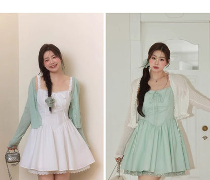 Spaghetti Strap Plain Bow Lace Trim Mini A-Line Dress