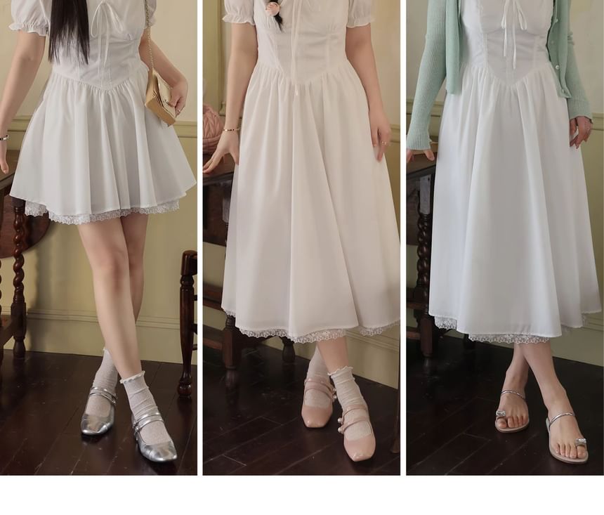 Spaghetti Strap Plain Bow Lace Trim Mini A-Line Dress