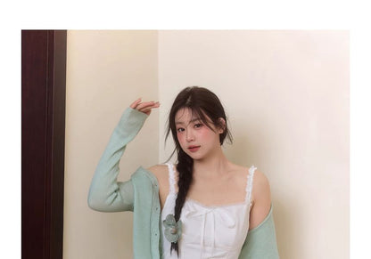 Spaghetti Strap Plain Bow Lace Trim Mini A-Line Dress