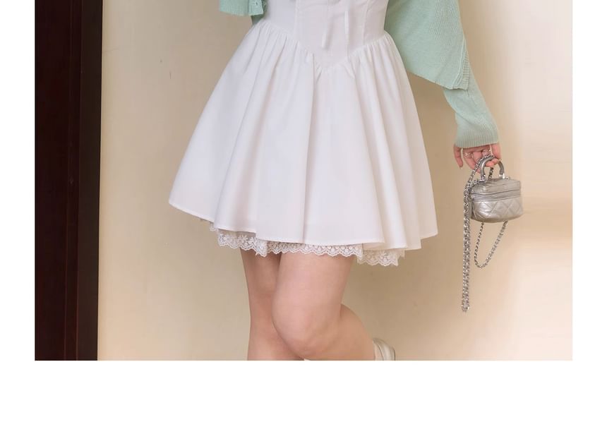 Spaghetti Strap Plain Bow Lace Trim Mini A-Line Dress