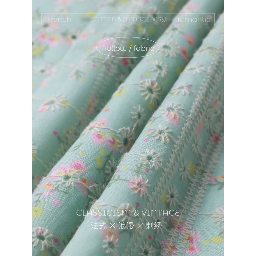 Short Sleeve Square Neck Floral Print Embroidered Eyelet Ruffle Mini A-Line Dress