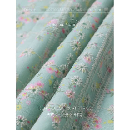 Short Sleeve Square Neck Floral Print Embroidered Eyelet Ruffle Mini A-Line Dress