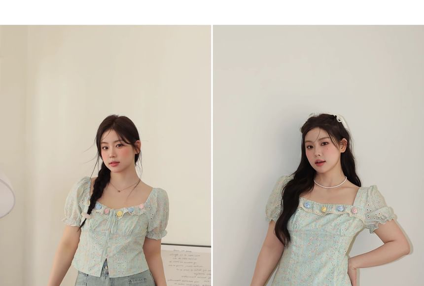 Short Sleeve Square Neck Floral Print Embroidered Eyelet Ruffle Mini A-Line Dress