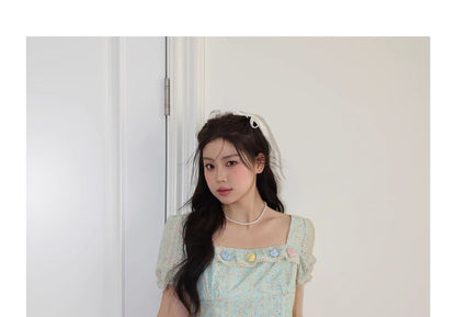 Short Sleeve Square Neck Floral Print Embroidered Eyelet Ruffle Mini A-Line Dress