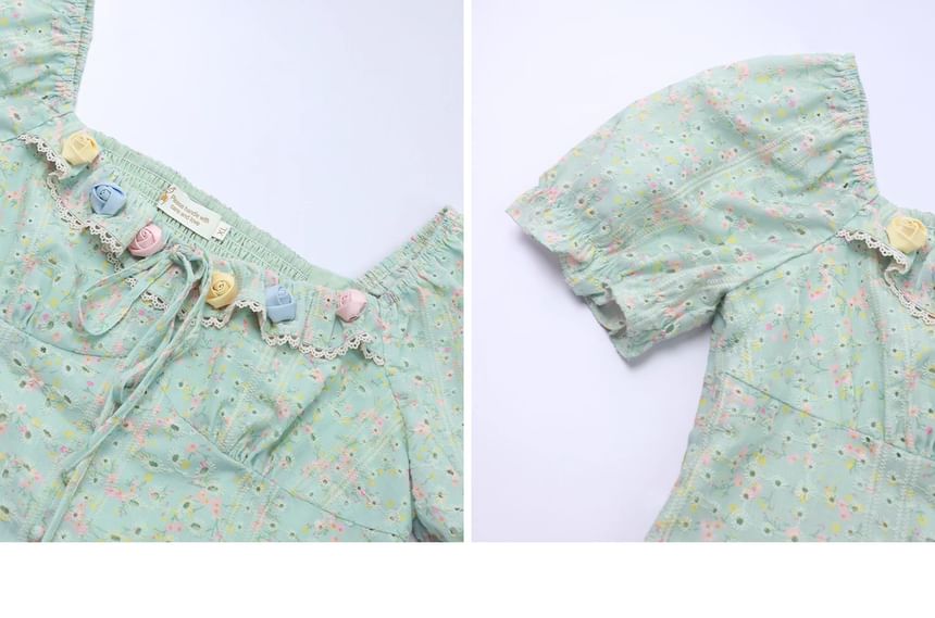 Short Sleeve Square Neck Floral Print Embroidered Eyelet Ruffle Mini A-Line Dress
