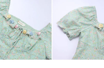 Short Sleeve Square Neck Floral Print Embroidered Eyelet Ruffle Mini A-Line Dress