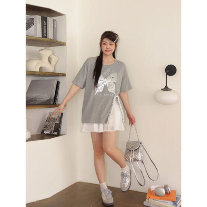 Short-Sleeve Round Neck Butterfly Print Frill Slit Tee