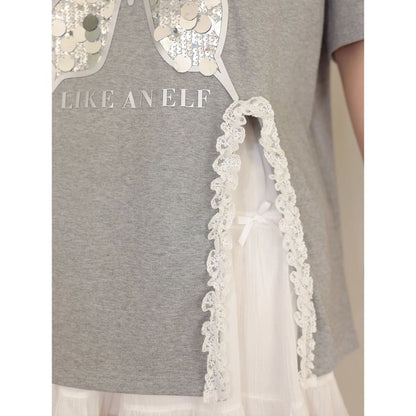 Short-Sleeve Round Neck Butterfly Print Frill Slit Tee