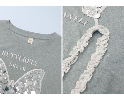 Short-Sleeve Round Neck Butterfly Print Frill Slit Tee