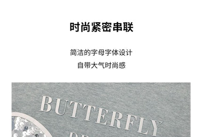 Short-Sleeve Round Neck Butterfly Print Frill Slit Tee