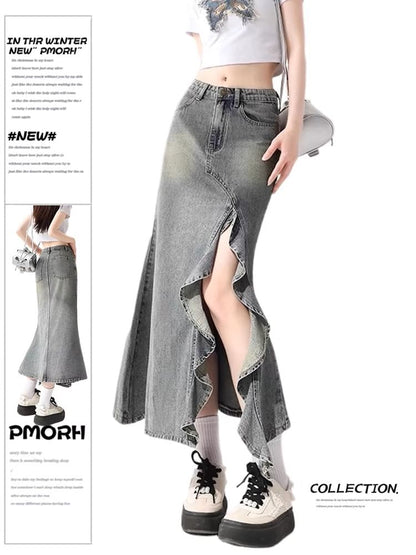 Ruffled High-Waist Denim Mermaid Skirt
