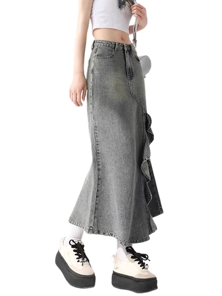Ruffled High-Waist Denim Mermaid Skirt
