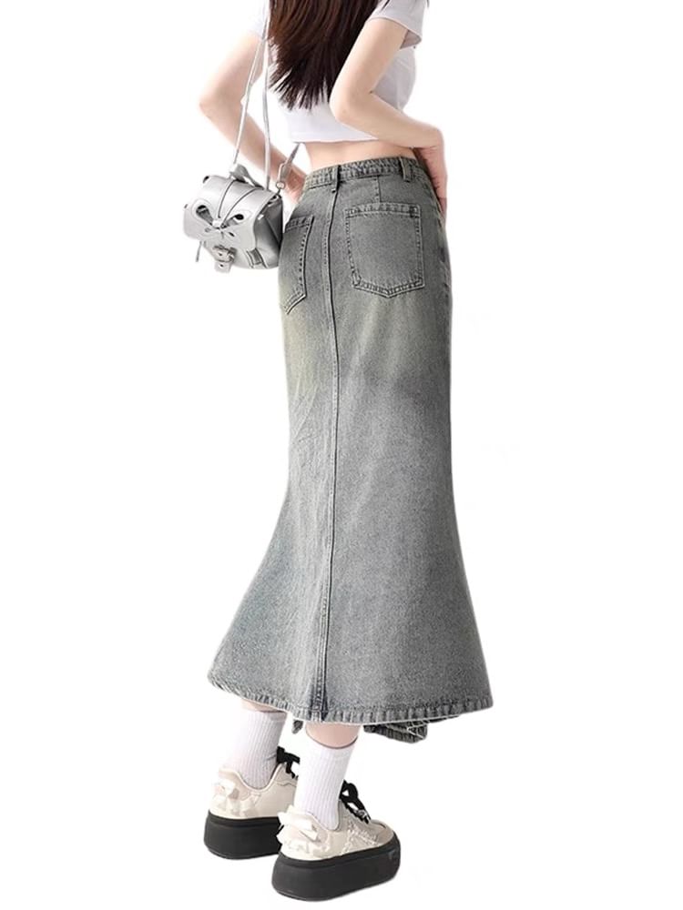 Ruffled High-Waist Denim Mermaid Skirt