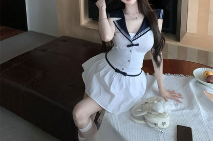 Sailor Collar Sleeveless Crop Top with Mini Flared Skirt