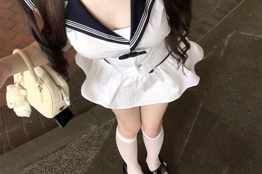 Sailor Collar Sleeveless Crop Top with Mini Flared Skirt