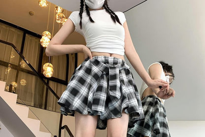 Plaid High-Rise Flared Mini Skirt