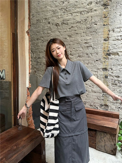 Melange Short-Sleeve Polo Shirt with Detachable Midi Pencil Skirt