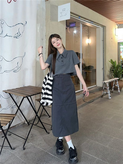 Melange Short-Sleeve Polo Shirt with Detachable Midi Pencil Skirt