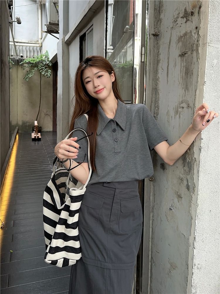 Melange Short-Sleeve Polo Shirt with Detachable Midi Pencil Skirt