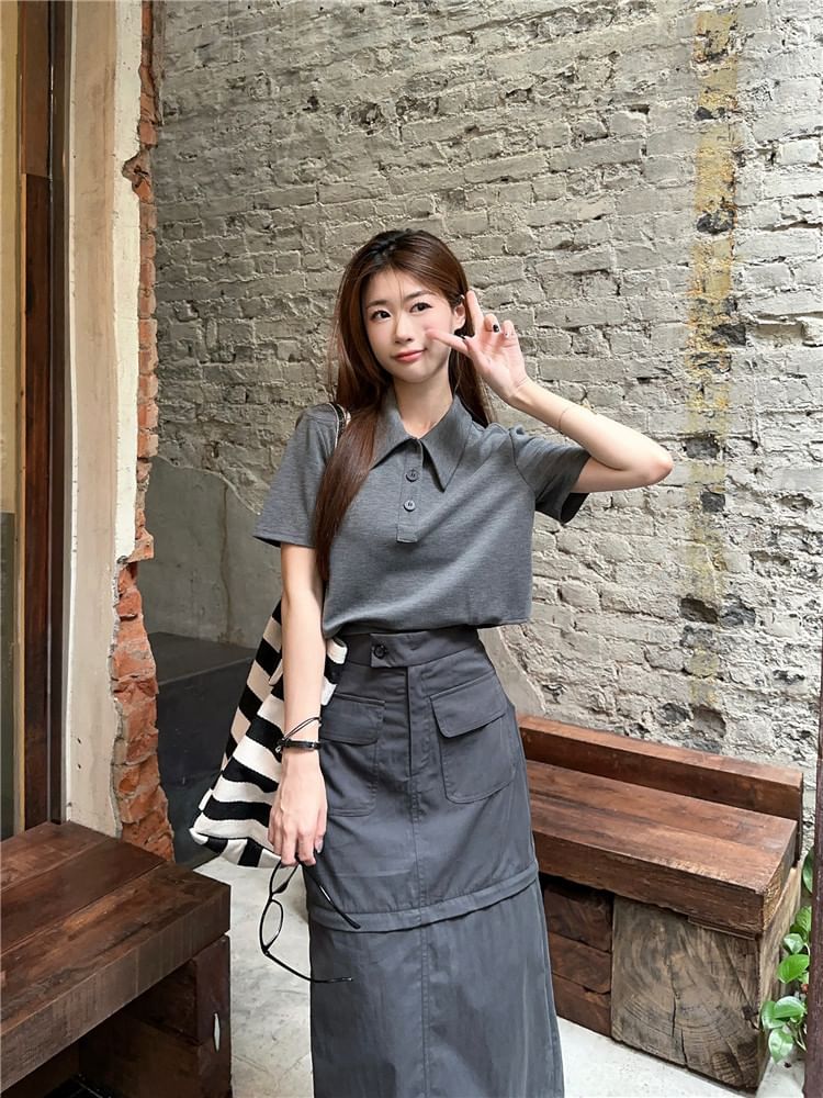 Melange Short-Sleeve Polo Shirt with Detachable Midi Pencil Skirt