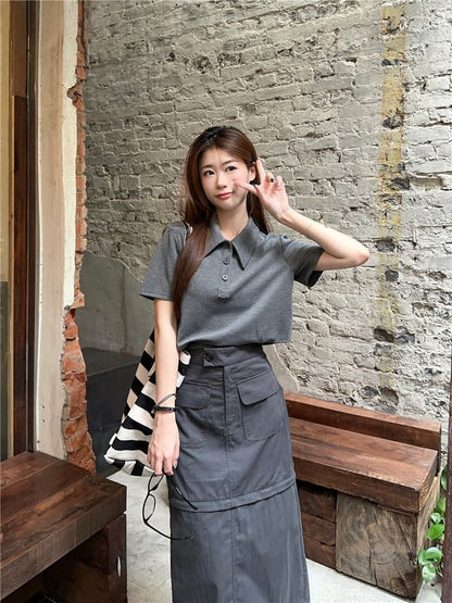 Melange Short-Sleeve Polo Shirt with Detachable Midi Pencil Skirt