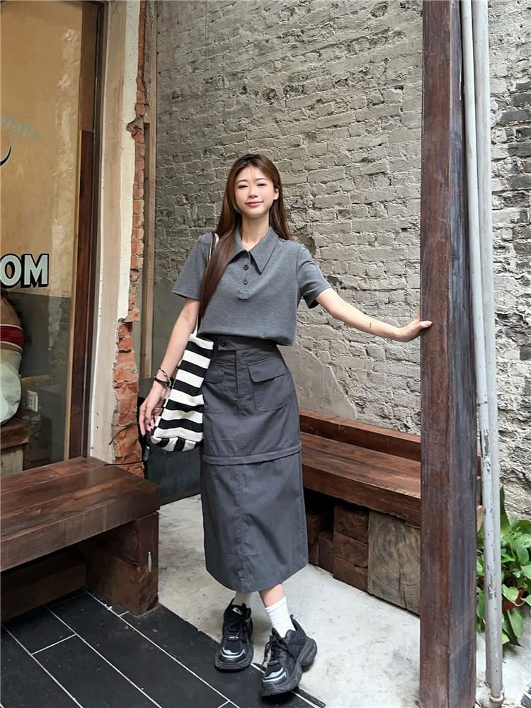 Melange Short-Sleeve Polo Shirt with Detachable Midi Pencil Skirt