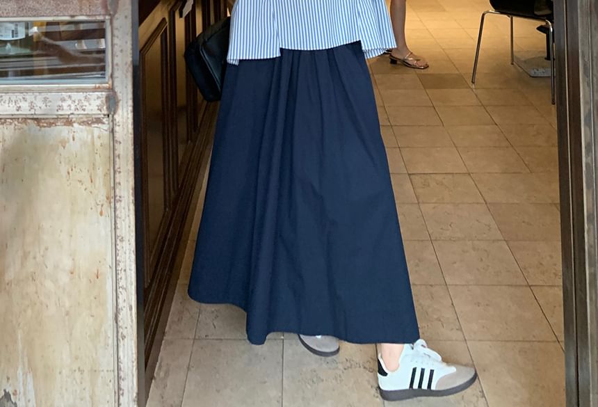 Striped Asymmetrical Sleeveless Blouse with Midi A-Line Skirt