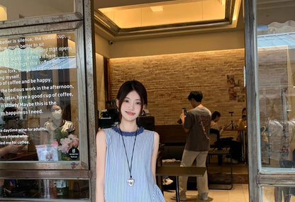 Striped Asymmetrical Sleeveless Blouse with Midi A-Line Skirt