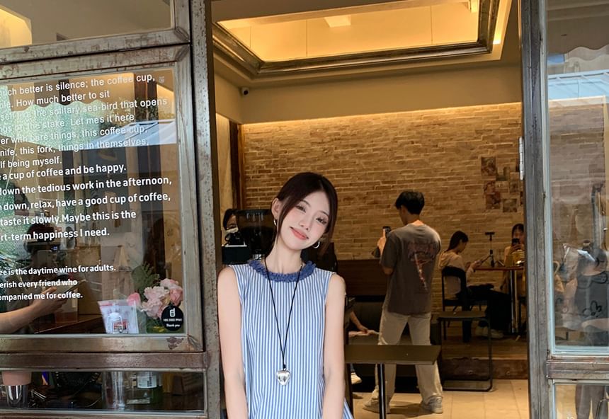 Striped Asymmetrical Sleeveless Blouse with Midi A-Line Skirt