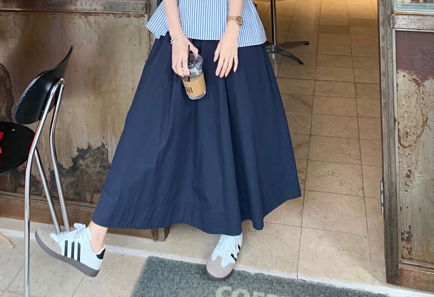 Striped Asymmetrical Sleeveless Blouse with Midi A-Line Skirt