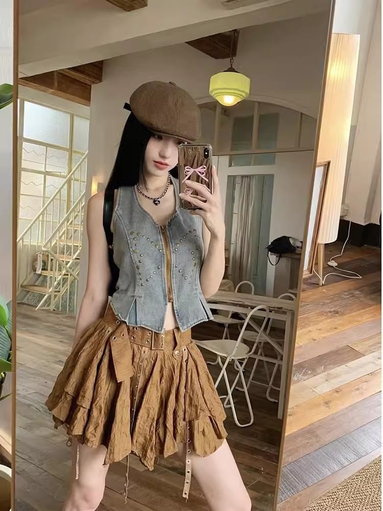 Studded Denim Crop Zip Vest with Asymmetrical Mini Skirt