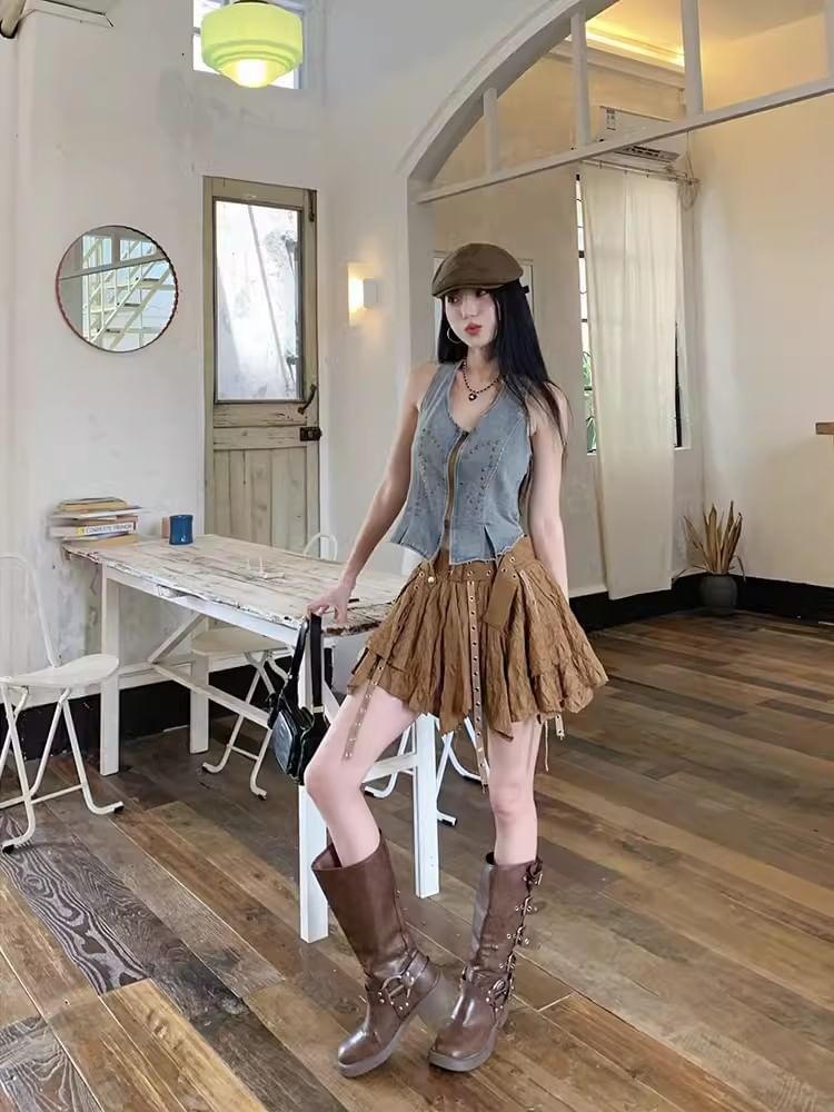 Studded Denim Crop Zip Vest with Asymmetrical Mini Skirt