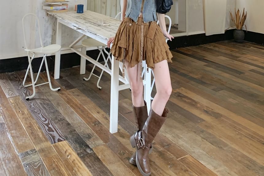 Studded Denim Crop Zip Vest with Asymmetrical Mini Skirt