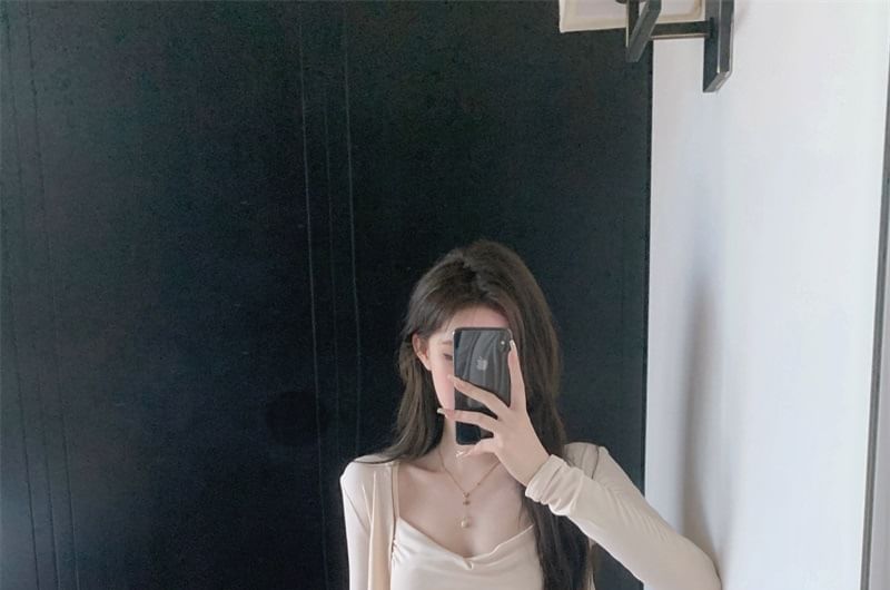 Cowl Neck Asymmetrical Cami Top with Cardigan and Mini Skirt Set