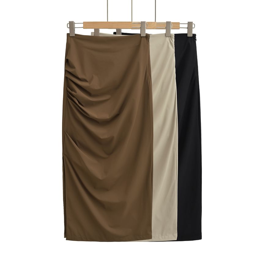 Ruched Plain High-Waist Pencil Midi Skirt