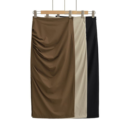 Ruched Plain High-Waist Pencil Midi Skirt