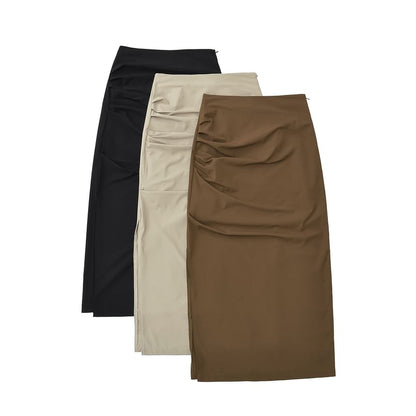 Ruched Plain High-Waist Pencil Midi Skirt