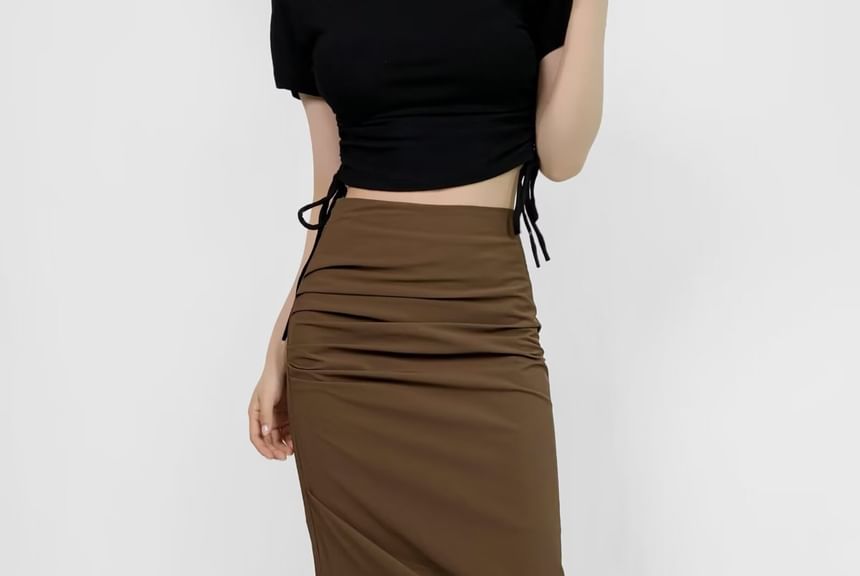 Ruched Plain High-Waist Pencil Midi Skirt