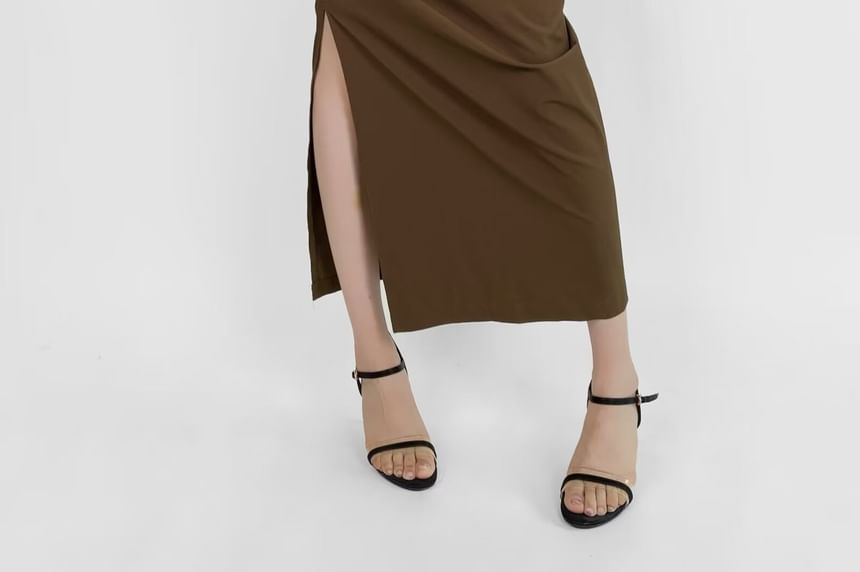 Ruched Plain High-Waist Pencil Midi Skirt