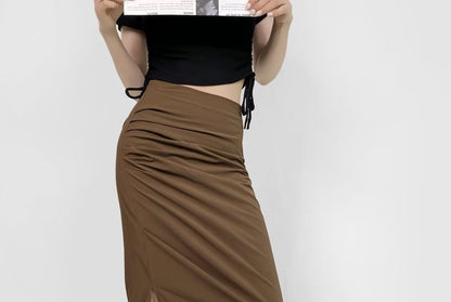 Ruched Plain High-Waist Pencil Midi Skirt