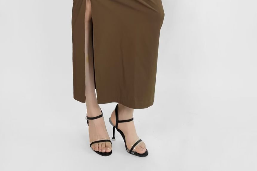 Ruched Plain High-Waist Pencil Midi Skirt