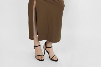 Ruched Plain High-Waist Pencil Midi Skirt