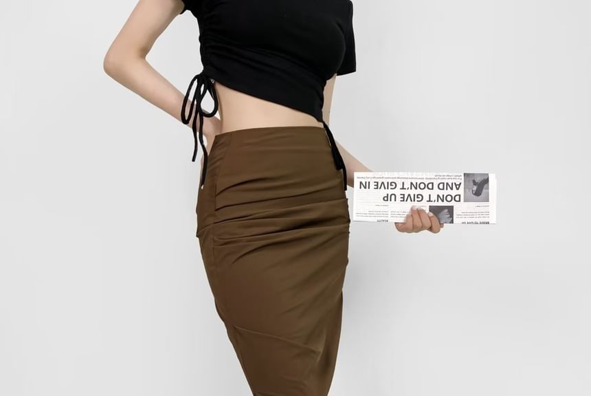 Ruched Plain High-Waist Pencil Midi Skirt