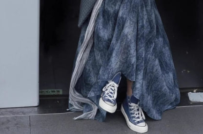 Cap-Sleeve Crew Neck Plain Tee / High Waist Tie Dye Maxi A-Line Skirt / Belt / Set